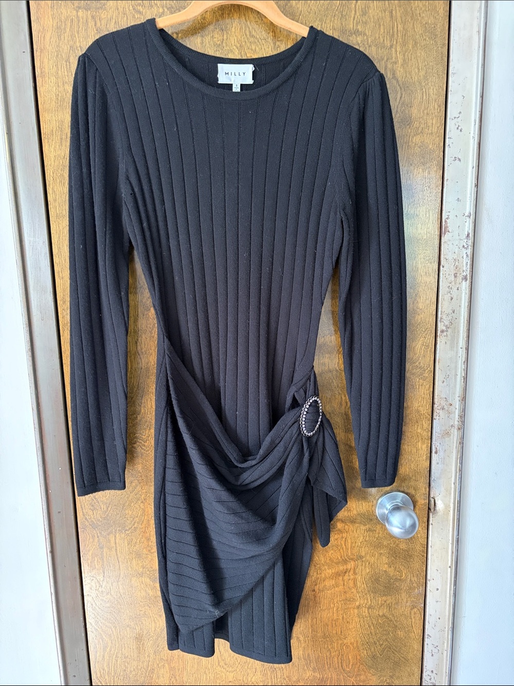 Milly Black Ribbed Long-Sleeve Midi Dress with Side Drape and Ring